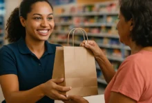 Atendente de loja sorrindo ao entregar uma sacola de compras para uma cliente no balcao
