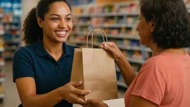 Atendente de loja sorrindo ao entregar uma sacola de compras para uma cliente no balcao