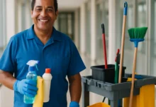 Auxiliar de limpeza de uniforme azul e luvas sorrindo ao lado do carrinho de servico em predio comercial