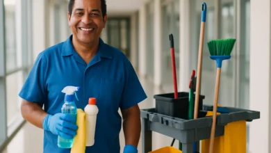 Auxiliar de limpeza de uniforme azul e luvas sorrindo ao lado do carrinho de servico em predio comercial