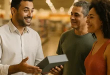 Vendedor conversando e apresentando um produto para um casal de clientes dentro da loja
