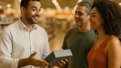 Vendedor conversando e apresentando um produto para um casal de clientes dentro da loja
