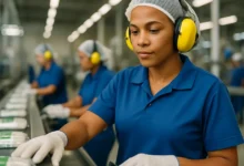 Operária de uniforme, touca e protetor auricular conferindo produtos na linha de produção de uma fábrica