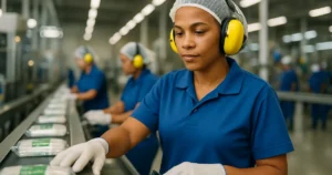 Operária de uniforme, touca e protetor auricular conferindo produtos na linha de produção de uma fábrica