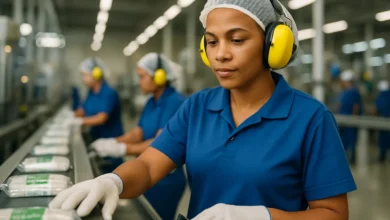 Operária de uniforme, touca e protetor auricular conferindo produtos na linha de produção de uma fábrica