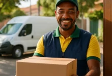 Motorista entregador uniformizado entregando uma caixa na porta de uma casa, com van de entrega ao fundo