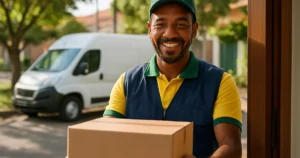 Motorista entregador uniformizado entregando uma caixa na porta de uma casa, com van de entrega ao fundo
