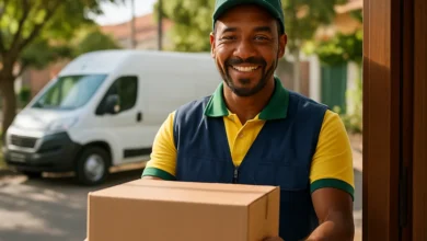 Motorista entregador uniformizado entregando uma caixa na porta de uma casa, com van de entrega ao fundo